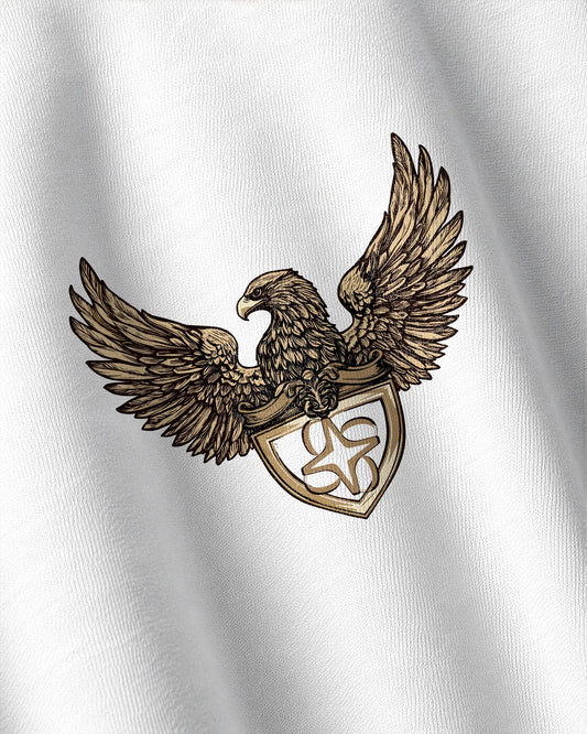 Close-up DTF print detail of Imperial Eagle design on oversized streetwear t-shirt by VDesignzDrop