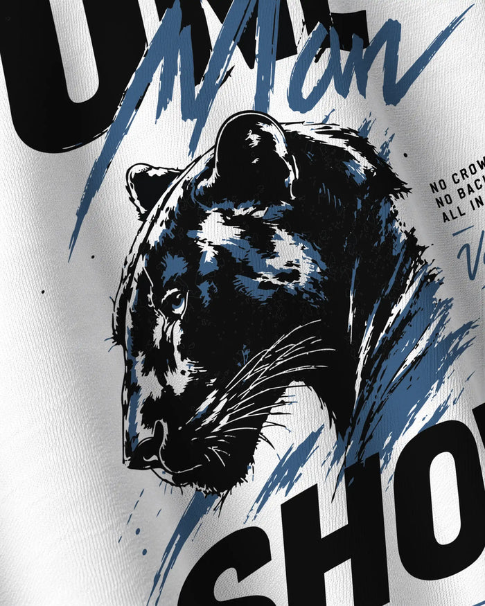 Close-up panther print detail on Lone Apex oversized streetwear tee by VDesignzDrop