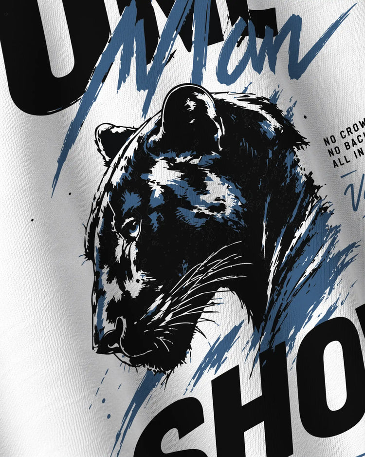 Close-up panther print detail on Lone Apex oversized streetwear tee by VDesignzDrop