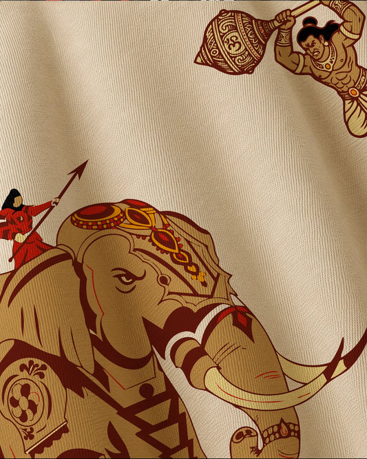 Close-up Bhima warrior graphic print detail on Vajra Bhima oversized streetwear tee by VDesignzDrop