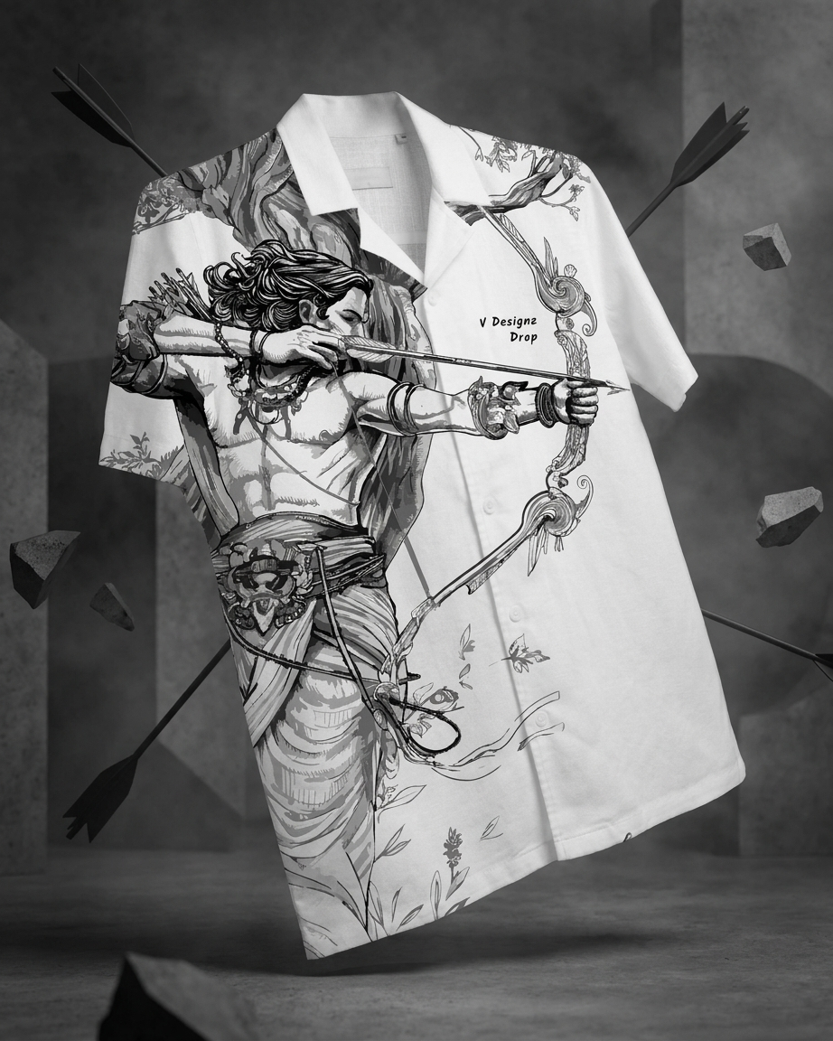 Arjuna Legacy Premium Linen Designer Shirt featuring artistic mythology-inspired bow and arrow illustration on luxury white linen fabric by V Designz Drop.