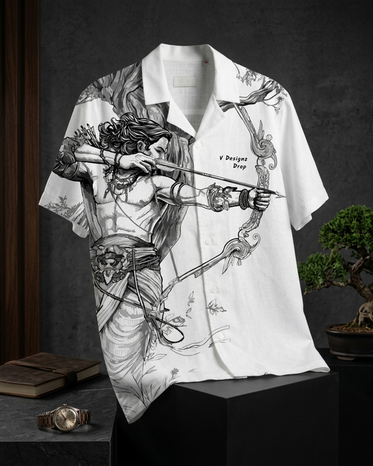 Arjuna Legacy Premium Linen Designer Shirt featuring artistic mythology-inspired bow and arrow illustration on luxury white linen fabric by V Designz Drop.