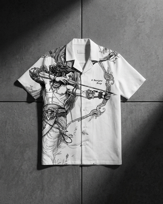 Arjuna Legacy Premium Linen Designer Shirt featuring artistic mythology-inspired bow and arrow illustration on luxury white linen fabric by V Designz Drop.