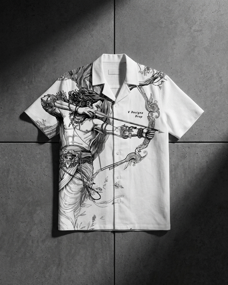 Arjuna Legacy Premium Linen Designer Shirt featuring artistic mythology-inspired bow and arrow illustration on luxury white linen fabric by V Designz Drop.