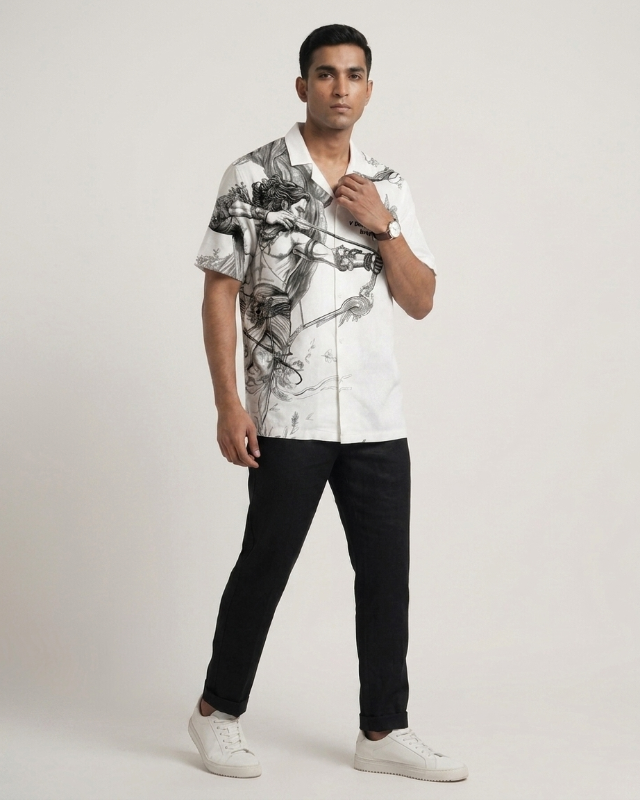 Arjuna Legacy Premium Linen Designer Shirt featuring artistic mythology-inspired bow and arrow illustration on luxury white linen fabric by V Designz Drop.