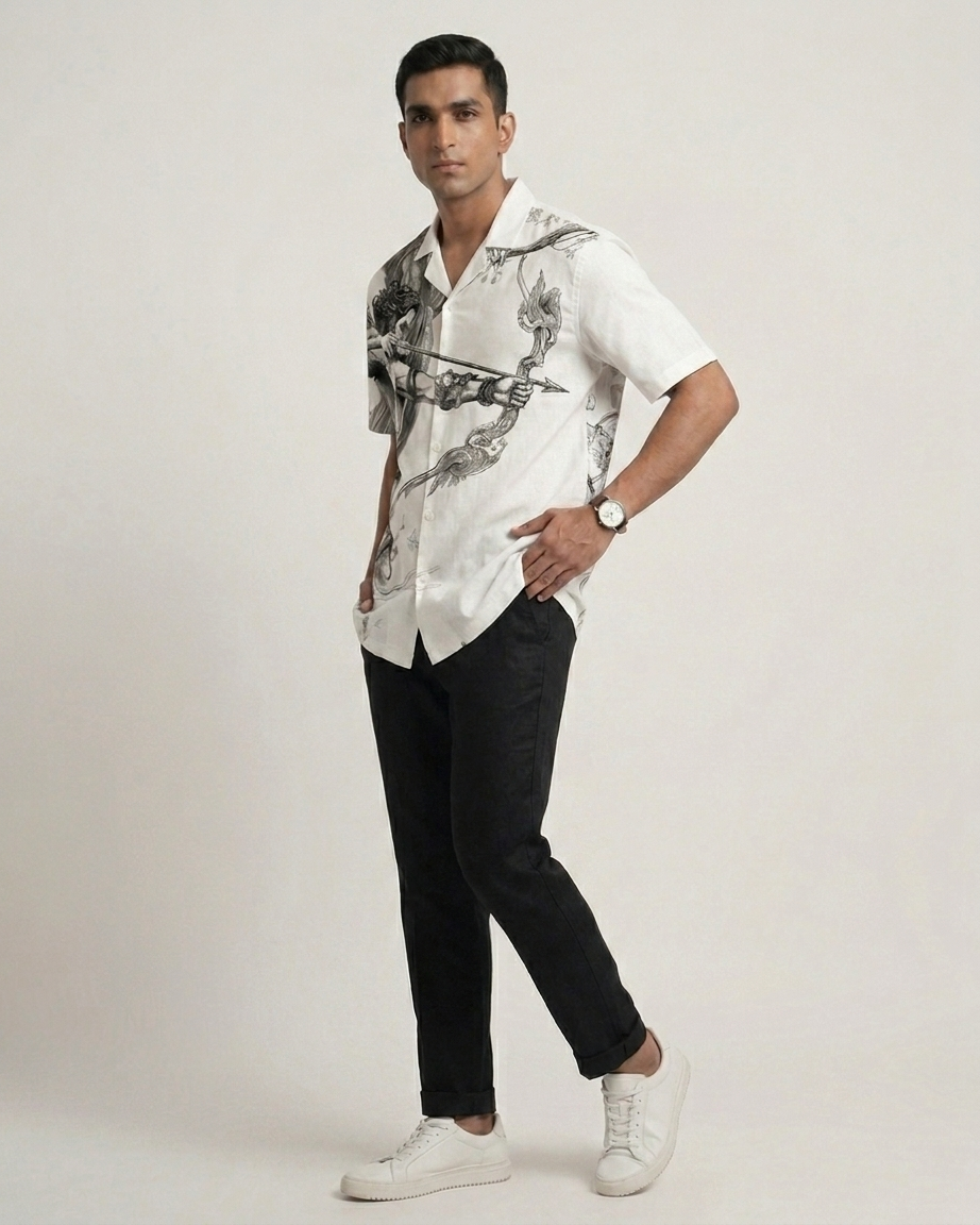 Arjuna Legacy Premium Linen Designer Shirt featuring artistic mythology-inspired bow and arrow illustration on luxury white linen fabric by V Designz Drop.