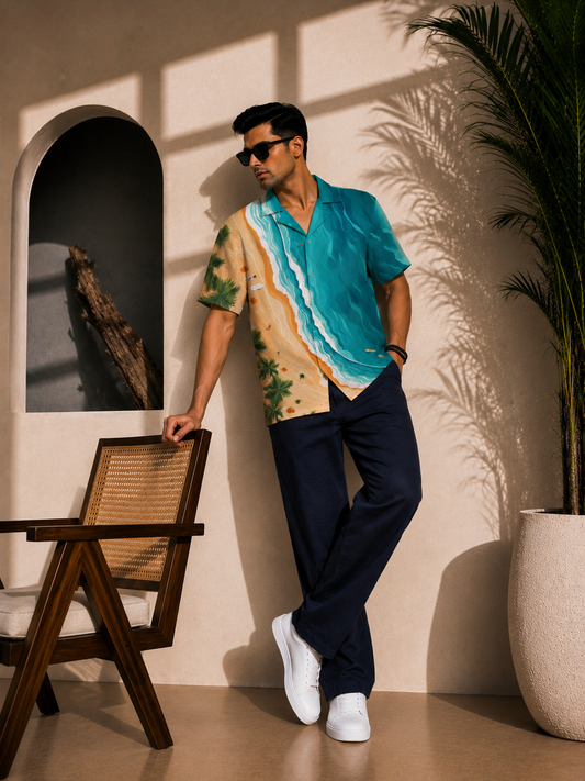 Coastal Escape Premium Linen Shirt for men featuring tropical ocean-inspired artwork on premium linen fabric by V Designz Drop.