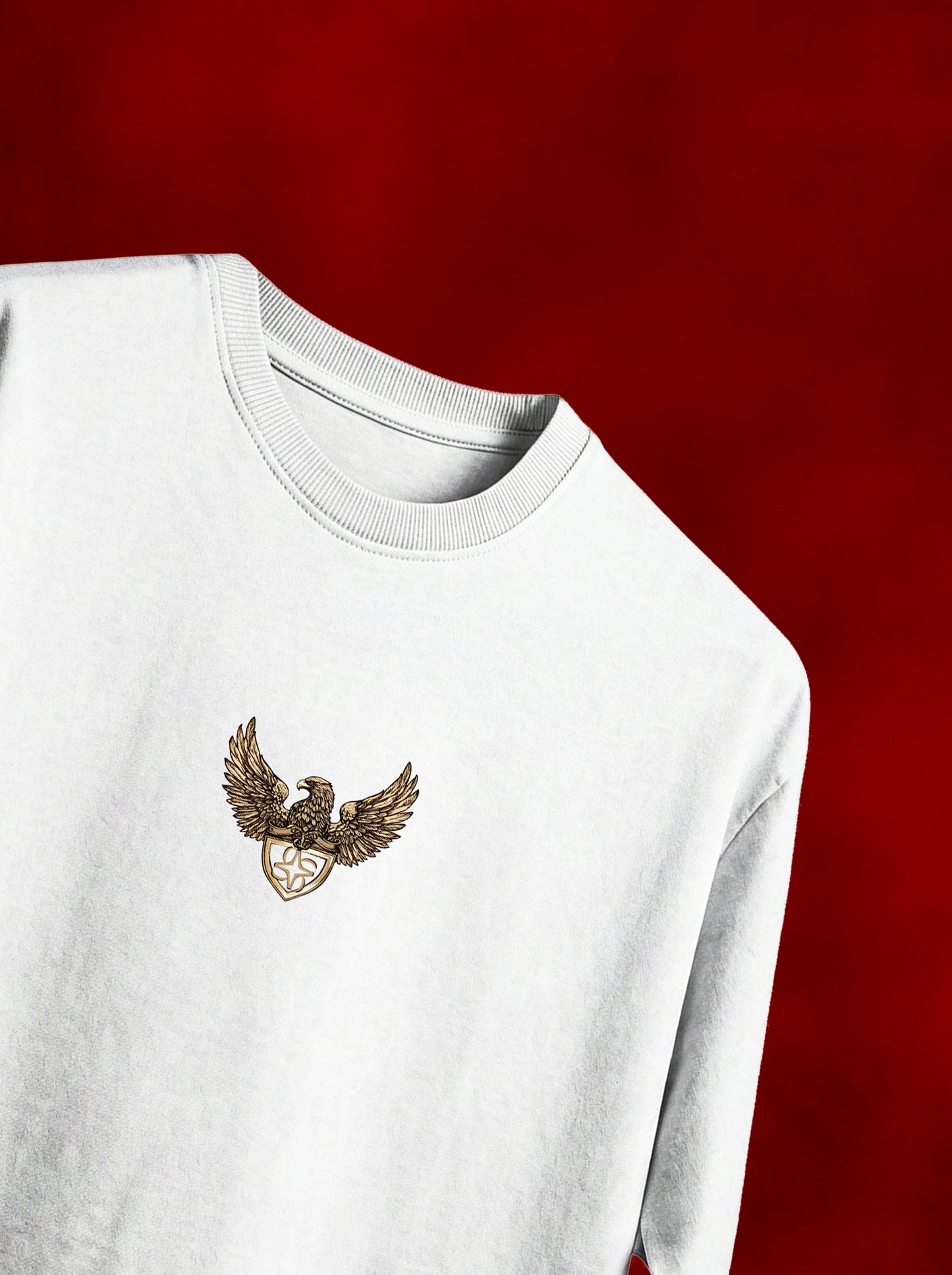 Imperial Eagle graphic crest print zoom detail on white oversized tshirt — VDesignzDrop India