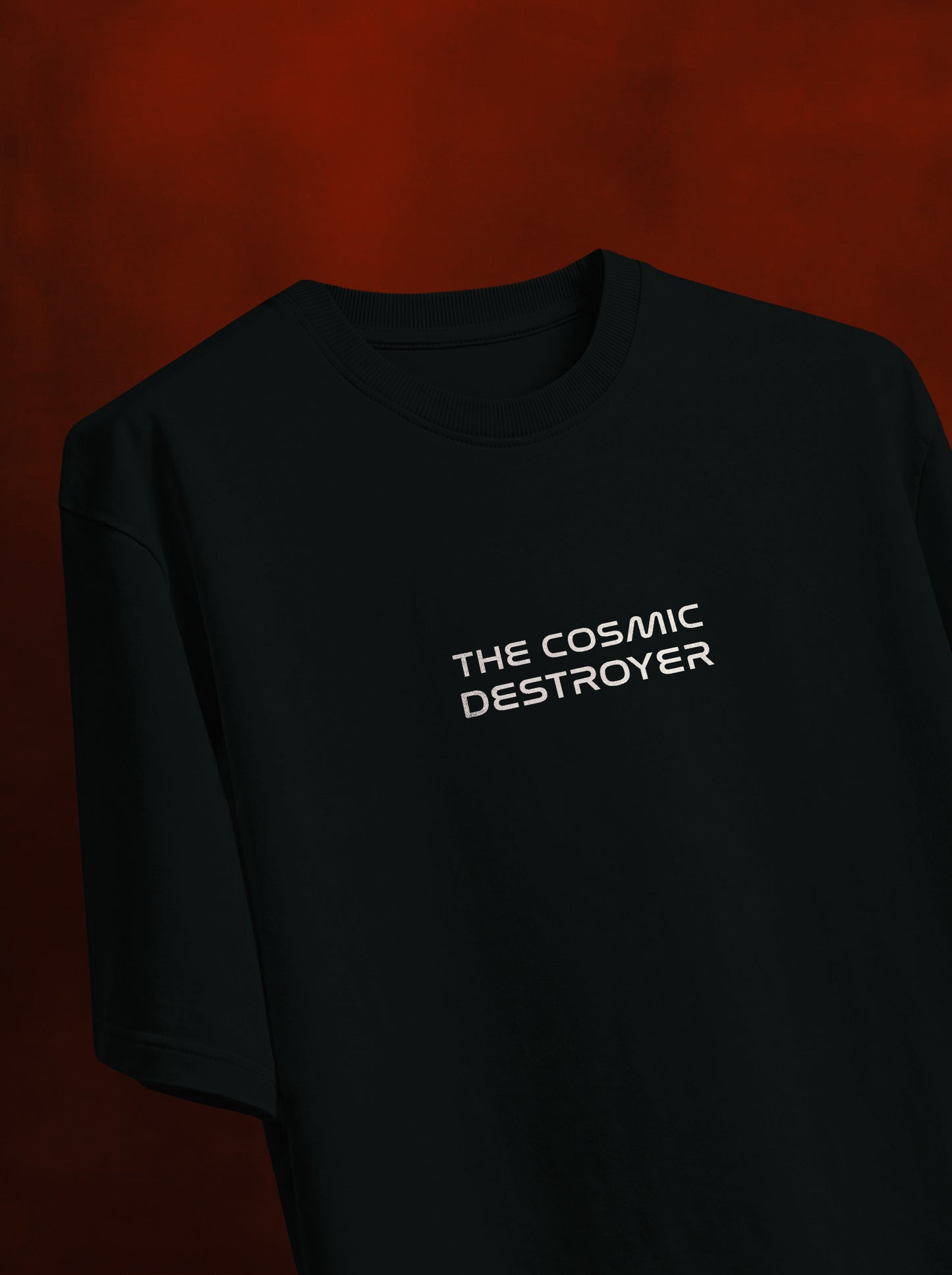 Black t-shirt with 'The Cosmic Destroyer' text on a dark background