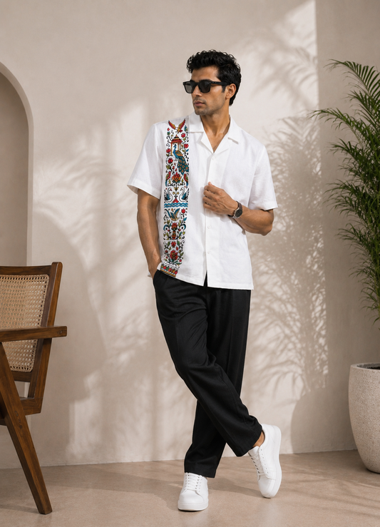 Man wearing Birds & Floral Premium Linen Shirt with heritage-inspired artwork and relaxed luxury styling.