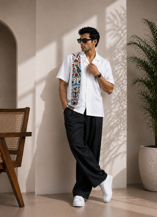 Birds & Floral Premium Linen Shirt for men featuring traditional bird and floral artwork on premium white linen fabric by V Designz Drop.