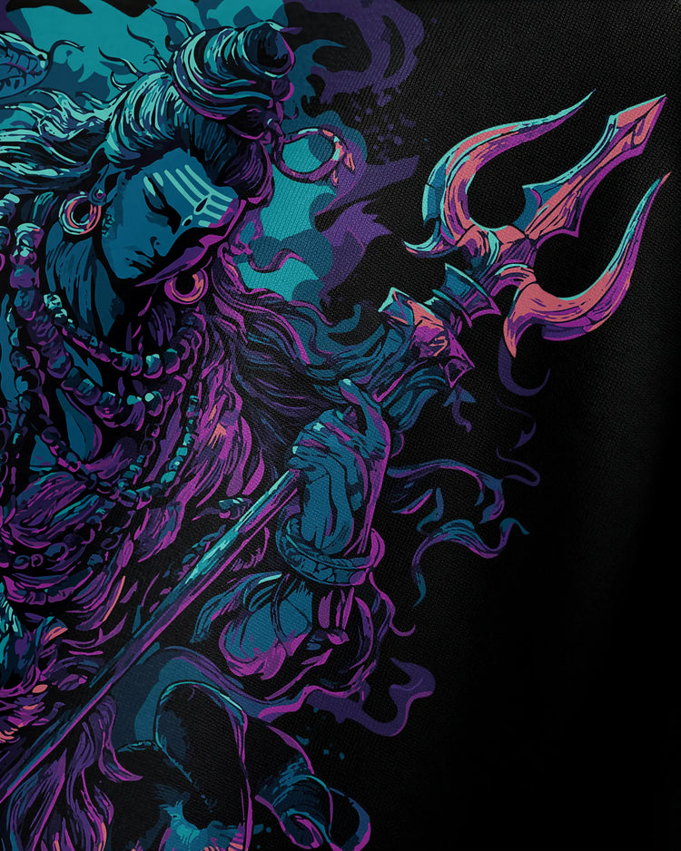 Close-up Shiva graphic print detail on Cosmic Destroyer oversized streetwear tee by VDesignzDrop