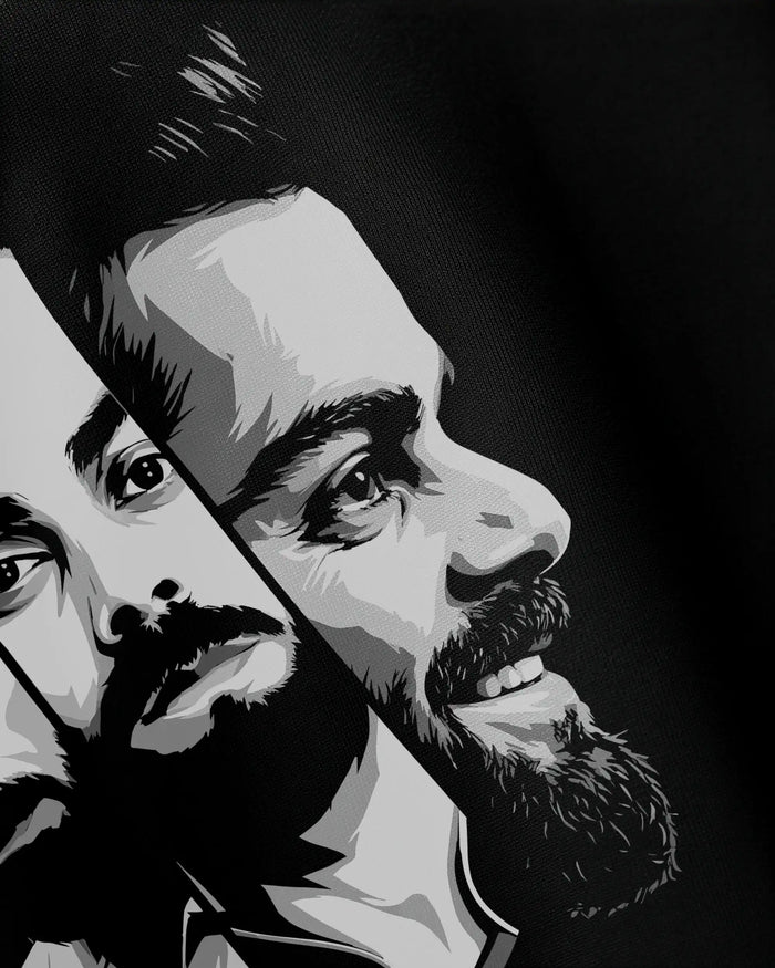 Close-up Virat Kohli graphic print detail on Legacy oversized streetwear tee by VDesignzDrop