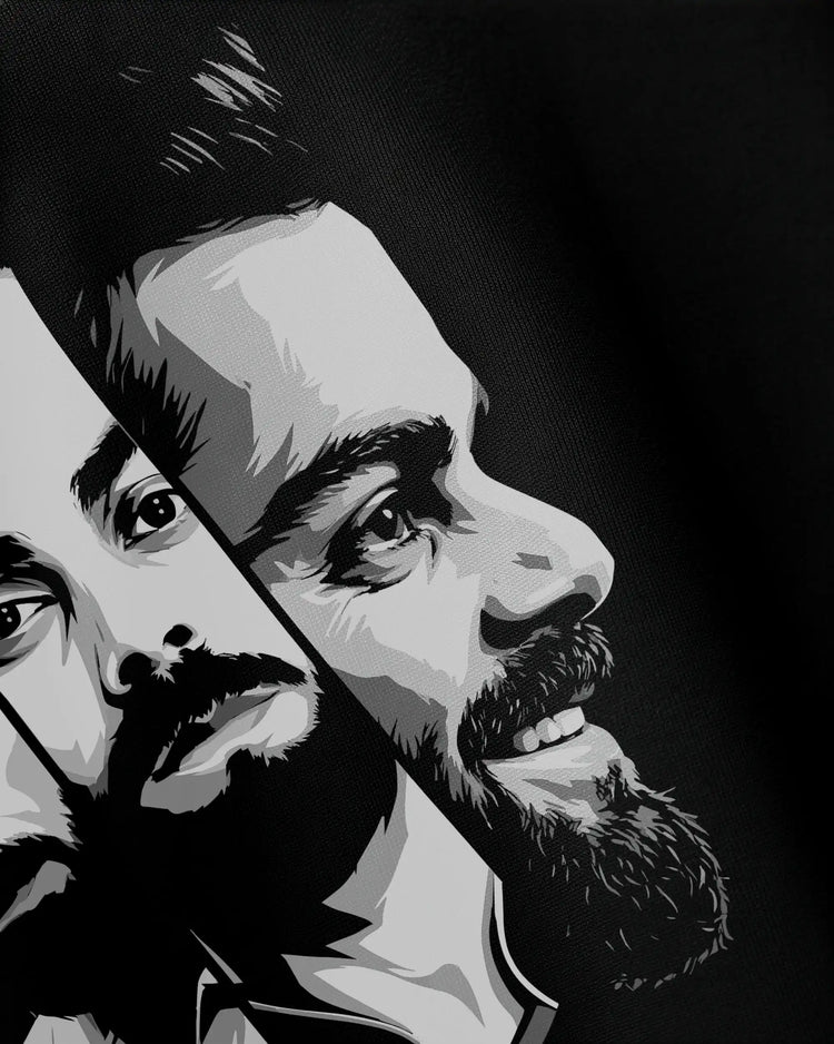 Close-up Virat Kohli graphic print detail on Legacy oversized streetwear tee by VDesignzDrop